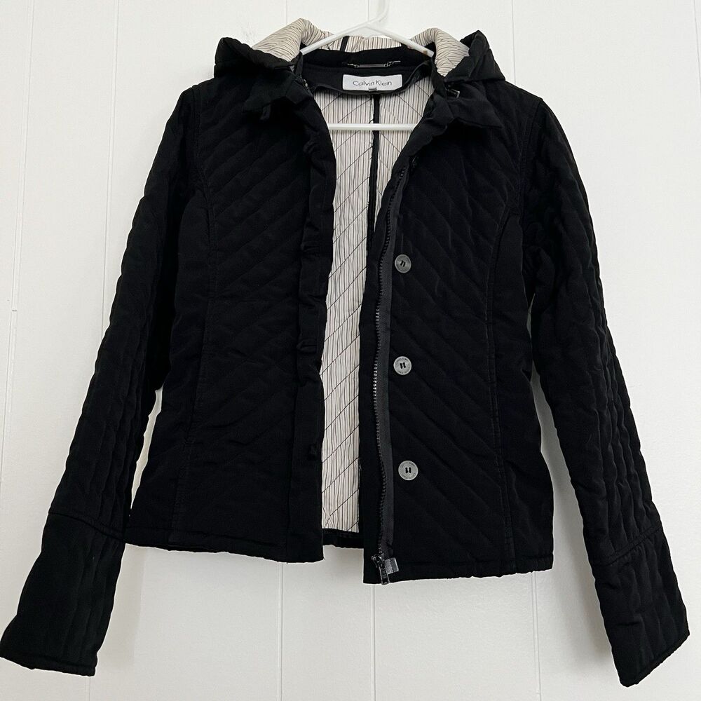 Calvin Klein Black Chevron Quilted Jacket Removeable Hood Mid Length Women's XS